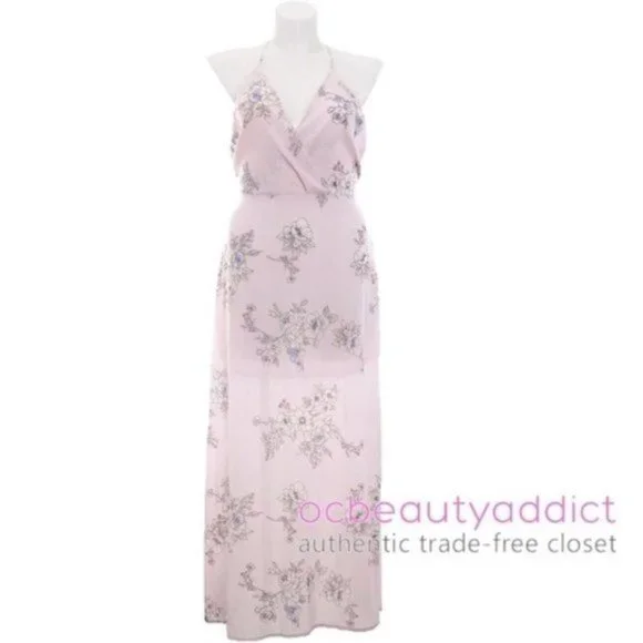 chinese dress ladies Cream Floral Satin Halter Neck Side Slit Maxi Dress main image 0